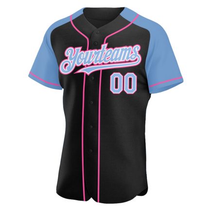 Personalized Black Light Blue Pink Baseball Jersey Raglan Sleeves for Men and Women Personalized Black Light Blue-Pink Raglan