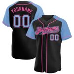 Custom Black Light Blue Pink Baseball Jersey with Raglan Sleeves Personalized Black Light Blue-Pink Raglan Sleeves Baseball