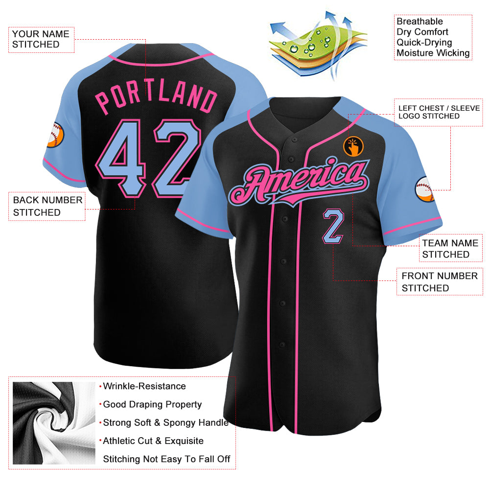 Personalized Black Light Blue-Pink Raglan Sleeves Baseball Jersey Custom Black Light Blue Pink Baseball Jersey with Raglan Sleeves Personalized Black Light Blue-Pink Raglan Sleeves Baseball - Image 3