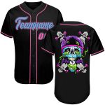 Personalized Skull Baseball Jersey in Black Light Blue-Pink for Fashion Enthusiasts Personalized Black Light Blue-Pink Skull