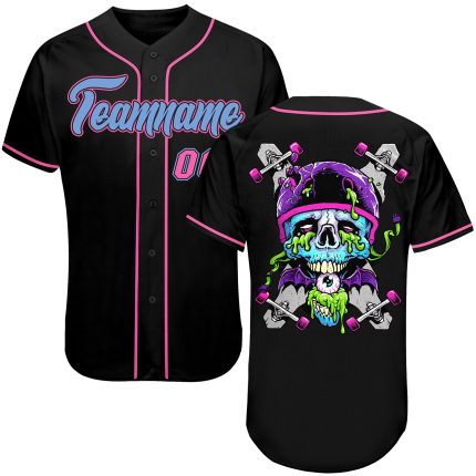 Personalized Skull Baseball Jersey in Black Light Blue-Pink for Fashion Enthusiasts Personalized Black Light Blue-Pink Skull