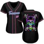 Personalized Skull Baseball Jersey in Black Light Blue-Pink for Fashion Enthusiasts Personalized Black Light Blue-Pink Skull