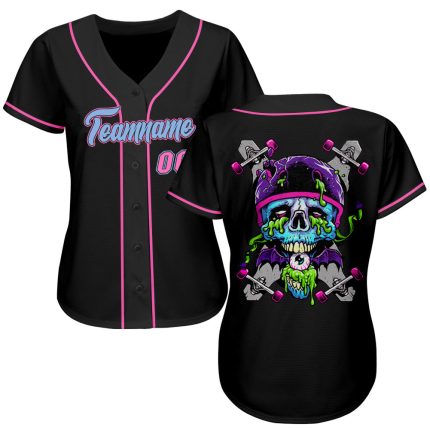 Personalized Skull Baseball Jersey in Black Light Blue-Pink for Fashion Enthusiasts Personalized Black Light Blue-Pink Skull