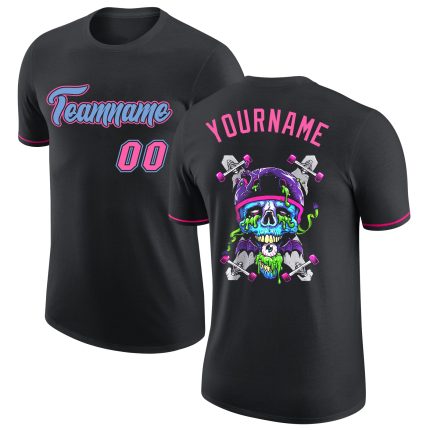 Personalized Skull Performance T-Shirt in Black Light Blue-Pink for Fashion Enthusiasts Personalized Black Light Blue-Pink