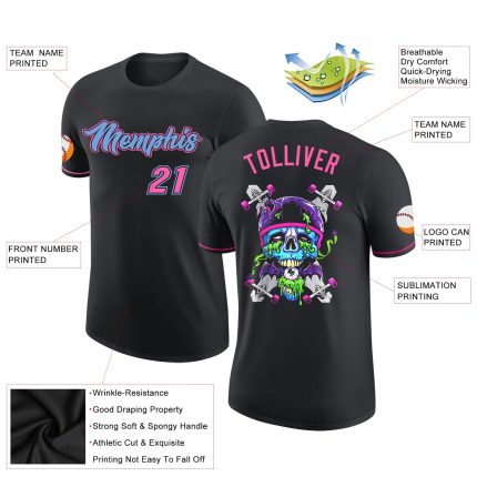 Personalized Skull Performance T-Shirt in Black Light Blue-Pink for Fashion Enthusiasts Personalized Black Light Blue-Pink