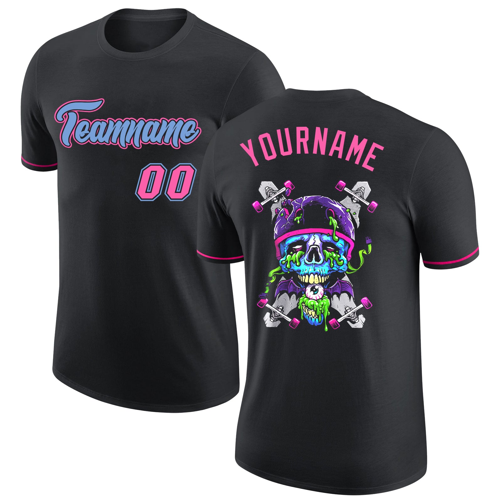 Custom Name Number Skull T-Shirt - Black Light Blue Pink Fashion Performance Tee Personalized Black Light Blue-Pink Skull