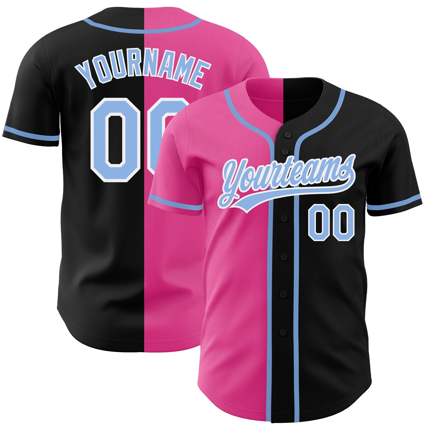 Personalized Black Light Blue Pink Split Fashion Baseball Jersey for Men and Women Personalized Black Light Blue-Pink Split