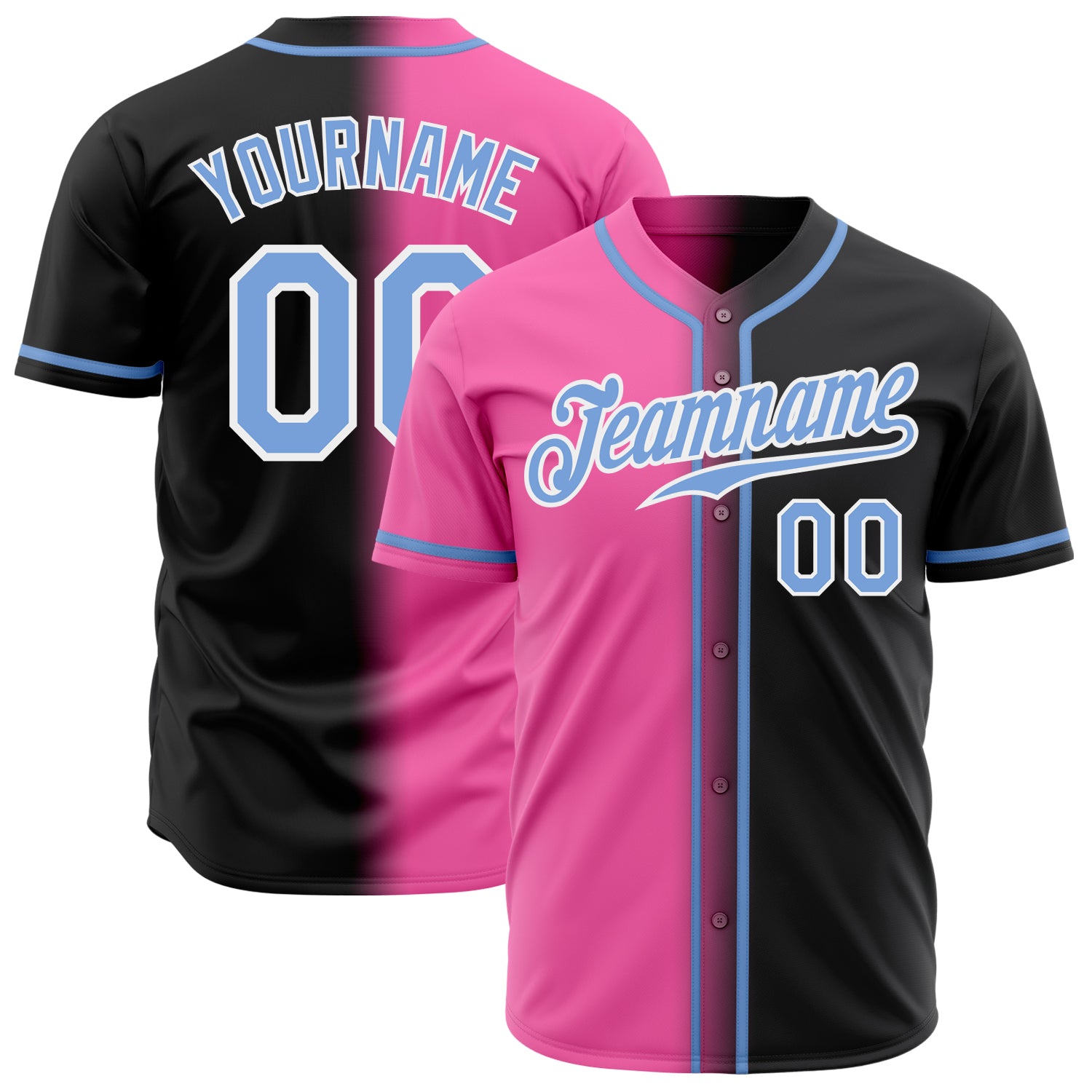 Custom Gradient Baseball Jersey - Personalized Black Light Blue Pink-White Team Name & Number Personalized Black Light Blue