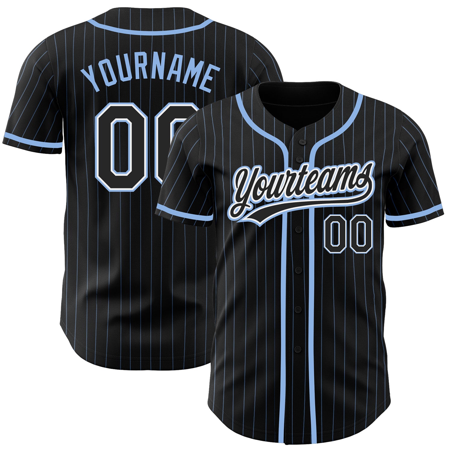 Personalized Black-White Baseball Jersey with Light Blue Pinstripes Personalized Black Light Blue Pinstripe Black-White Baseball