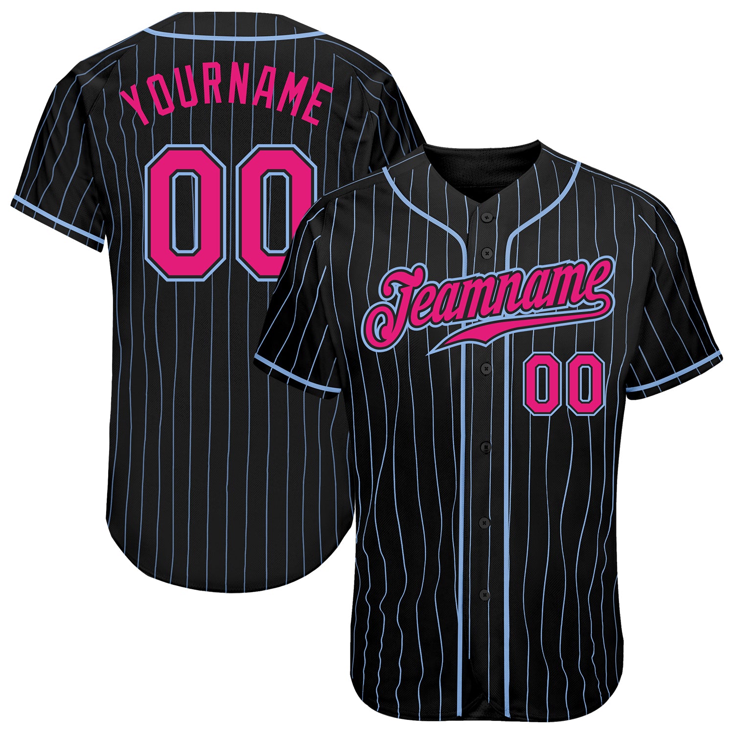 Personalized Baseball Jersey with Custom Name & Number in Black Light Blue Pinstripe & Hot Pink-Light Blue Personalized Black