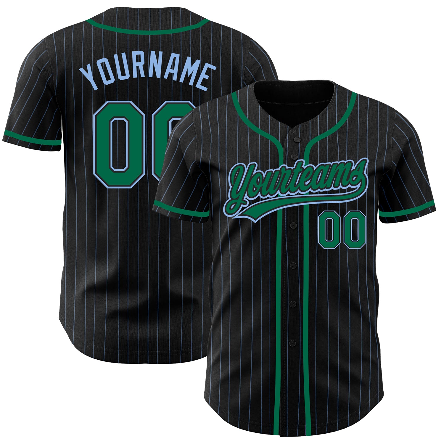 Personalized Black Blue Pinstripe Baseball Jersey - Kelly Green Design Personalized Black Light Blue Pinstripe Kelly Green