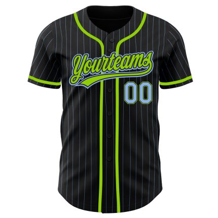 Personalized Black and Light Blue Neon Green Baseball Jersey with Pinstripes Personalized Black Light Blue Pinstripe Light