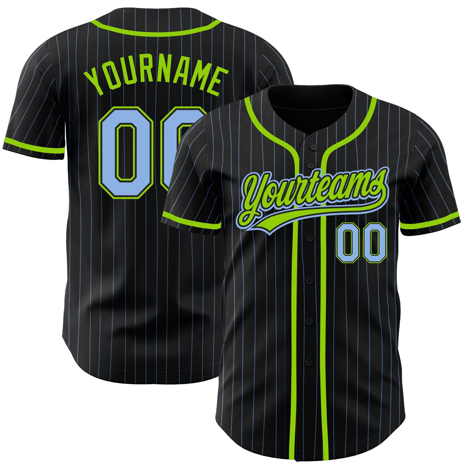 Personalized Black and Light Blue Neon Green Baseball Jersey with Pinstripes Personalized Black Light Blue Pinstripe Light