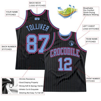 Custom Authentic Basketball Jersey with Personalized Name & Number - Black Light Blue Pinstripe Personalized Black Light