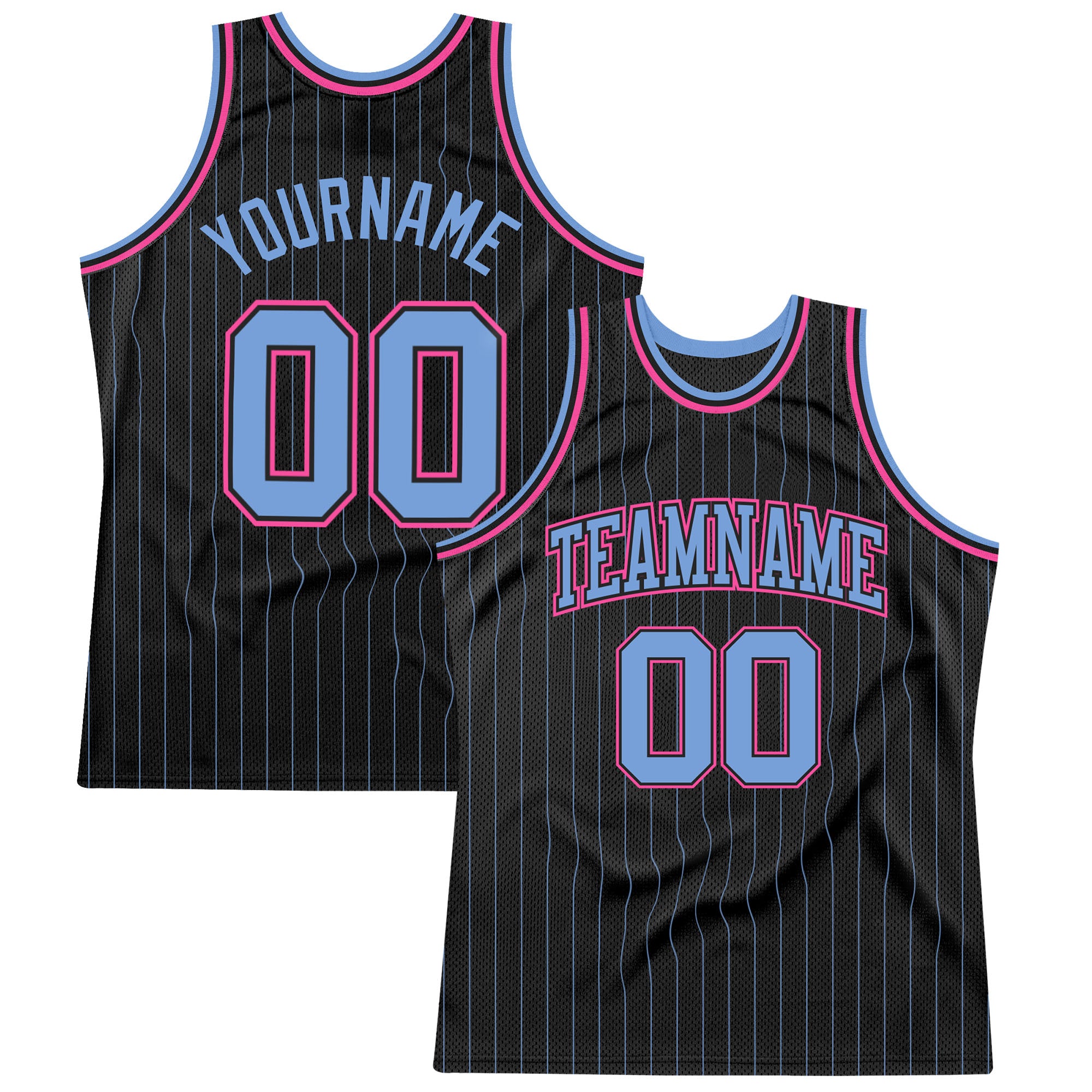 Personalized Basketball Jersey Black Light Blue Pink Pinstripe Design Personalized Black Light Blue Pinstripe Light Blue-Pink