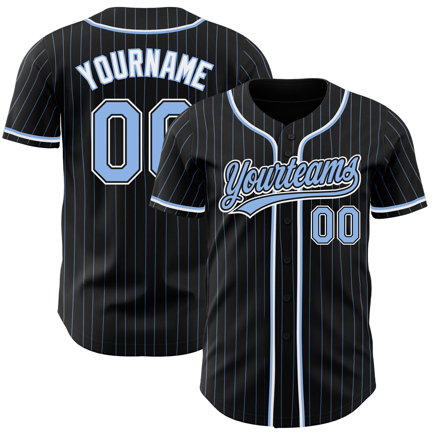 Personalized Black and Light Blue Pinstripe Baseball Jersey for Men and Women Personalized Black Light Blue Pinstripe Light