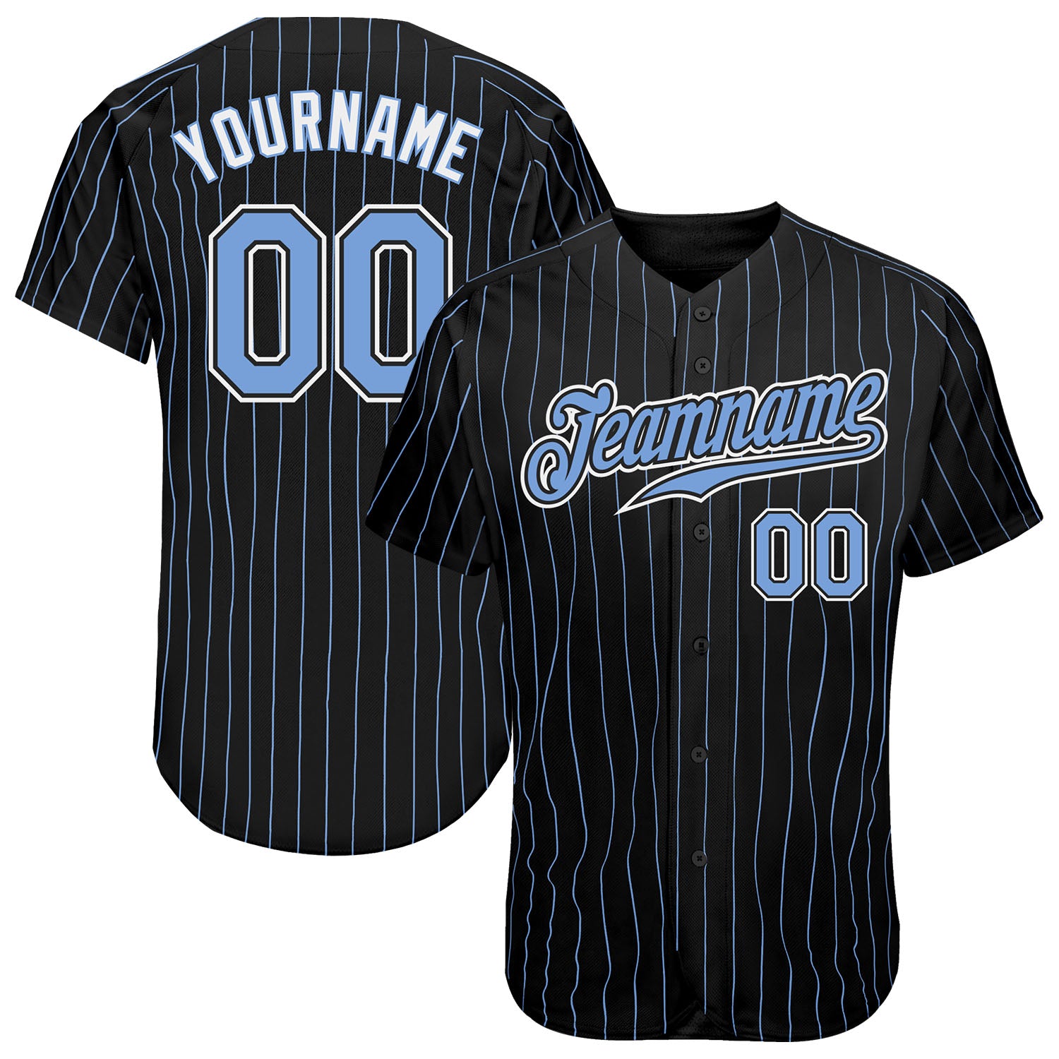 Personalized Light Blue-White Baseball Jersey with Black and Light Blue Pinstripes Personalized Black Light Blue Pinstripe