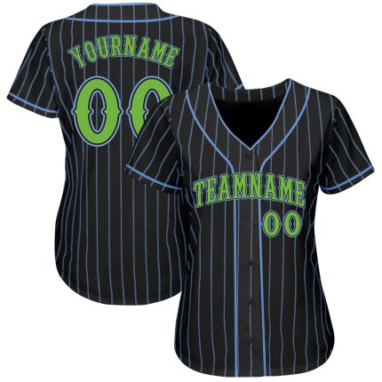 Custom Name & Number Personalized Black Light Blue Pinstripe Authentic Baseball Jersey - Neon Green Team Gear Personalized