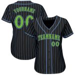 Personalized Neon Green Black Light Blue Pinstripe Baseball Jersey Personalized Black Light Blue Pinstripe Neon Green Baseball