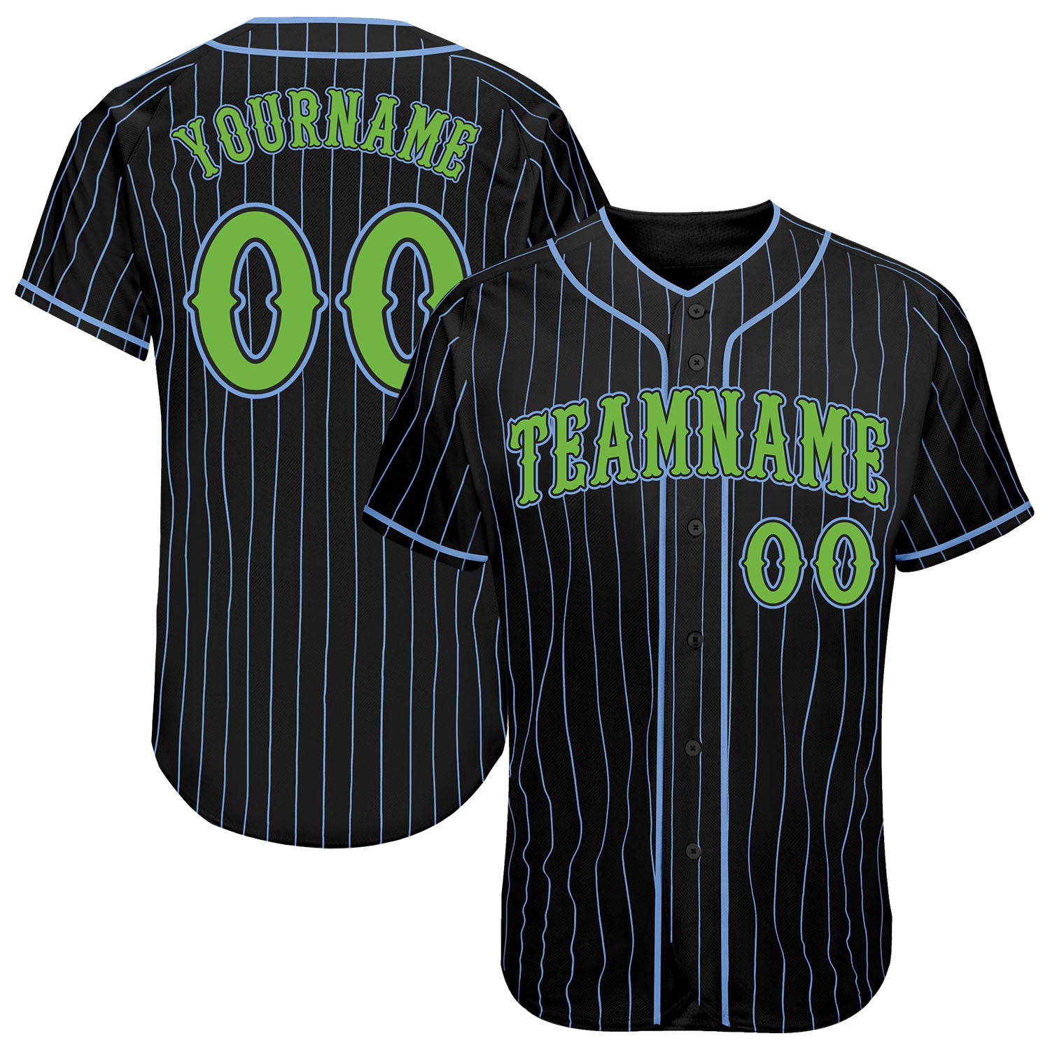 Personalized Neon Green Black Light Blue Pinstripe Baseball Jersey Personalized Black Light Blue Pinstripe Neon Green Baseball