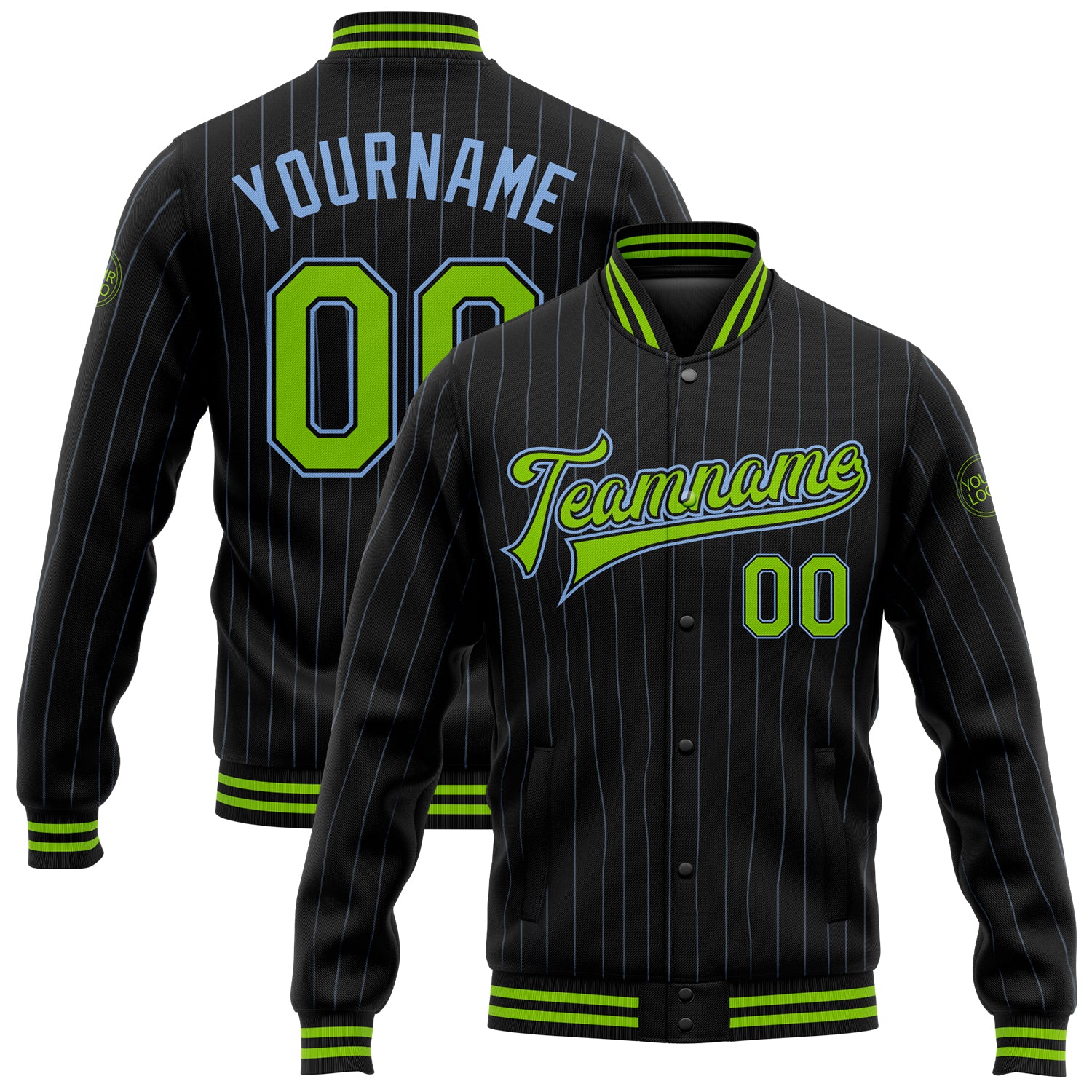 Personalized Black Light Blue Pinstripe Neon Green Varsity Jacket - Full-Snap Bomber Letterman Style Personalized Black Light