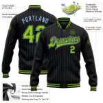 Personalized Black Light Blue Pinstripe Neon Green Varsity Jacket - Full-Snap Bomber Letterman Style Personalized Black Light