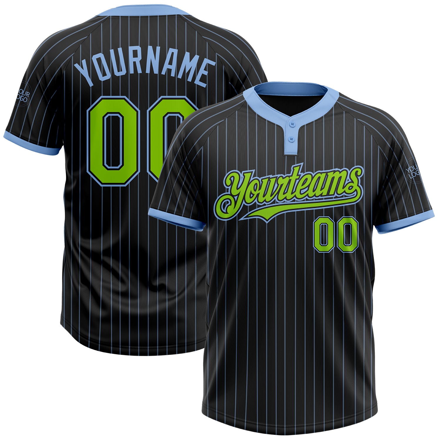 Personalized Neon Green Black Light Blue Pinstripe Two-Button Unisex Softball Jersey Personalized Black Light Blue Pinstripe