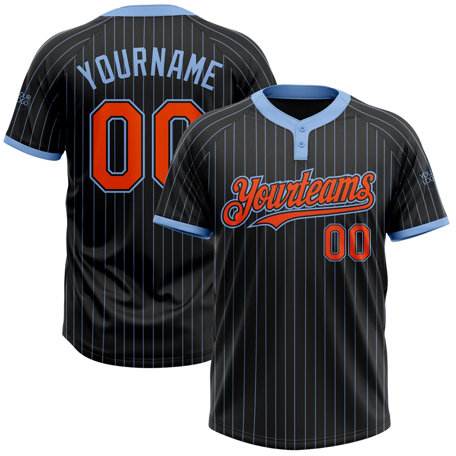 Custom Two-Button Unisex Softball Jersey with Personalized Name and Number in Black Light Blue Pinstripe Orange Personalized