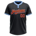 Custom Two-Button Unisex Softball Jersey with Personalized Name and Number in Black Light Blue Pinstripe Orange Personalized