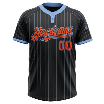 Custom Two-Button Unisex Softball Jersey with Personalized Name and Number in Black Light Blue Pinstripe Orange Personalized