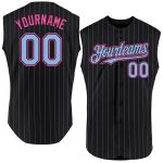 Custom Name and Number Personalized Black Light Blue Pinstripe Pink Sleeveless Baseball Jersey Personalized Black Light Blue