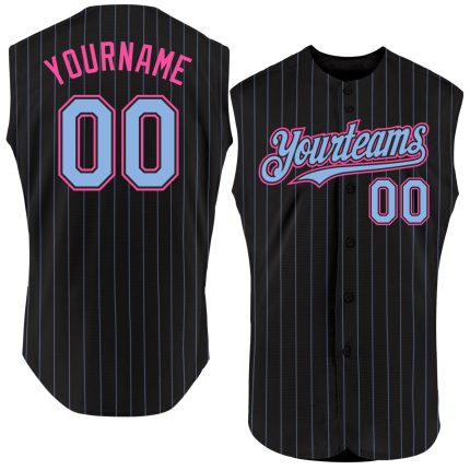 Custom Name and Number Personalized Black Light Blue Pinstripe Pink Sleeveless Baseball Jersey Personalized Black Light Blue