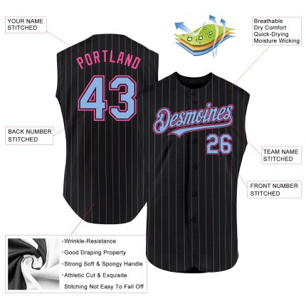 Custom Name and Number Personalized Black Light Blue Pinstripe Pink Sleeveless Baseball Jersey Personalized Black Light Blue