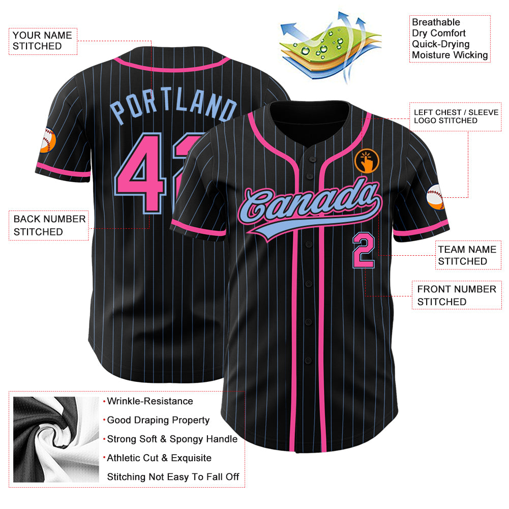 Personalized Black Light Blue Pinstripe Pink Baseball Jersey Personalized Pink Baseball Jersey with Black and Light Blue Pinstripes Personalized Black Light Blue Pinstripe Pink Baseball - Image 3