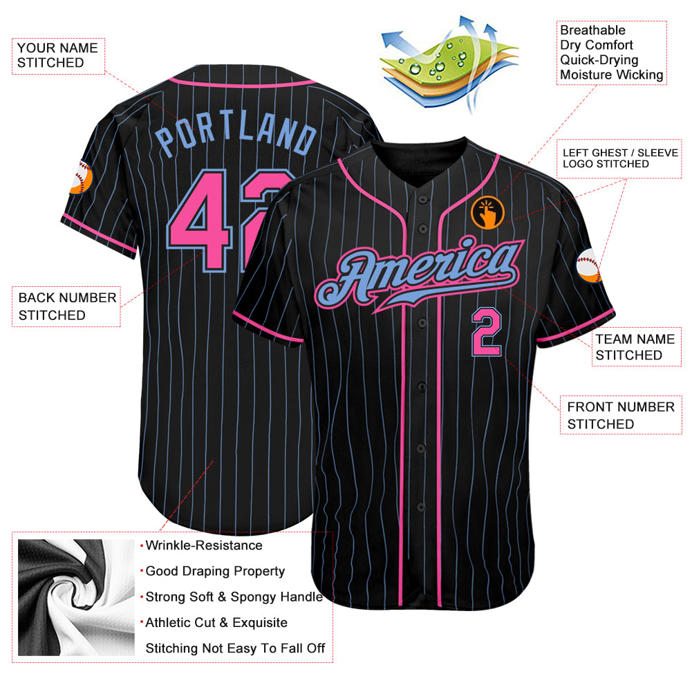 Personalized Black Light Blue Pinstripe Pink-Light Blue Baseball Jersey Personalized Black Light Blue Pinstripe Baseball Jersey - Custom Pink Light Blue Design Personalized Black Light Blue Pinstripe - Image 3