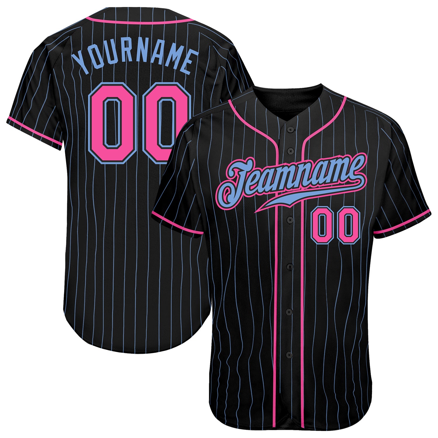 Personalized Black Light Blue Pinstripe Baseball Jersey - Custom Pink Light Blue Design Personalized Black Light Blue Pinstripe