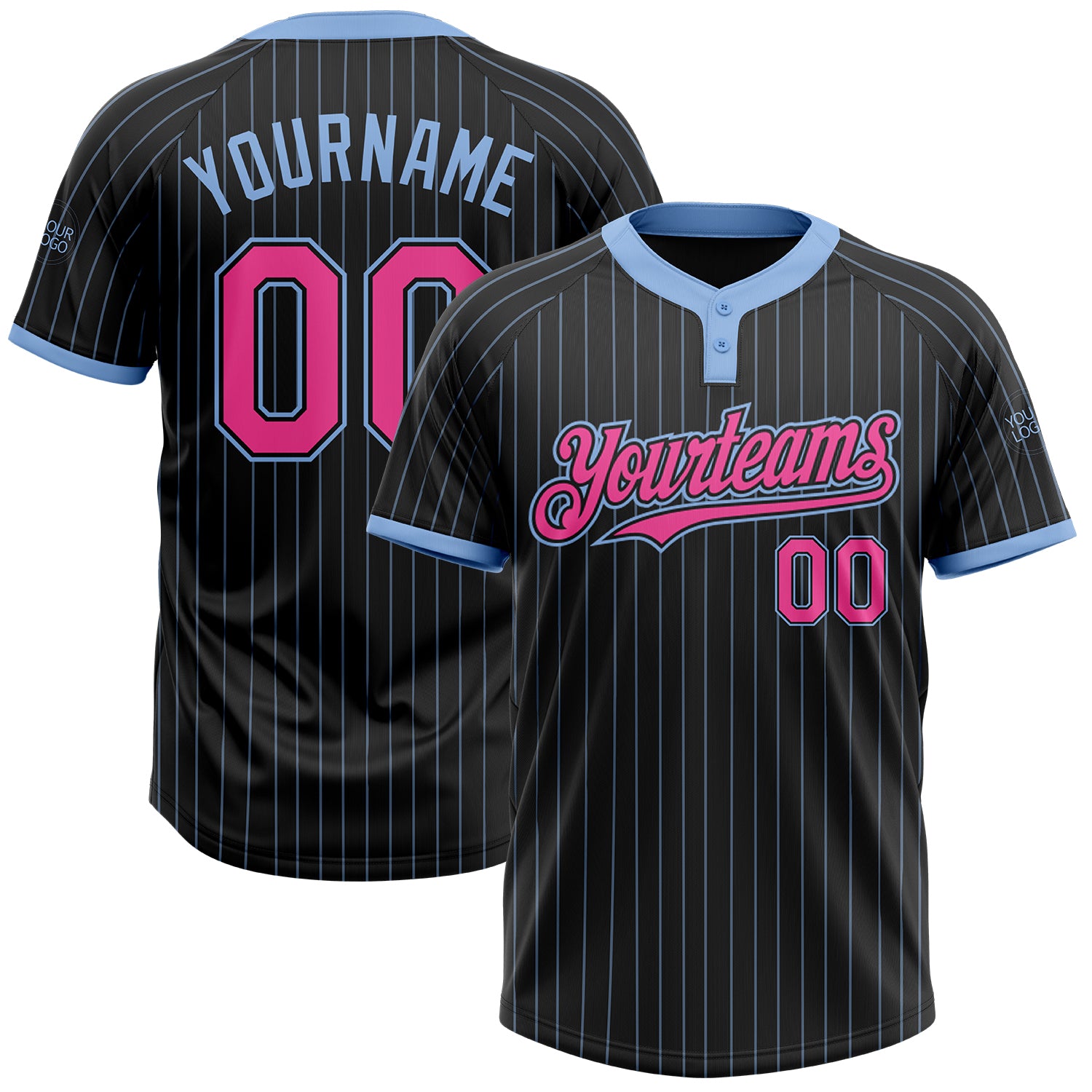 Personalized Black Light Blue Pinstripe Two-Button Unisex Softball Jersey Personalized Black Light Blue Pinstripe Pink Two-Button