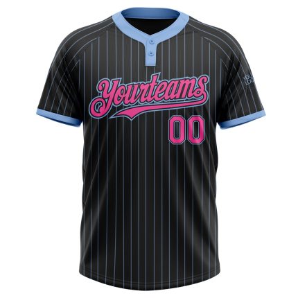 Personalized Black Light Blue Pinstripe Two-Button Unisex Softball Jersey Personalized Black Light Blue Pinstripe Pink Two-Button