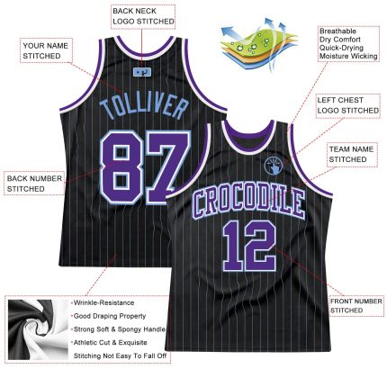 Custom Basketball Jersey with Personalized Name and Number, Authentic Light Blue & Black Pinstripe Design, Team Style Personalized