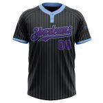 Personalized Unisex Purple Two-Button Softball Jersey - Black Light Blue Pinstripe Design Personalized Black Light Blue Pinstripe