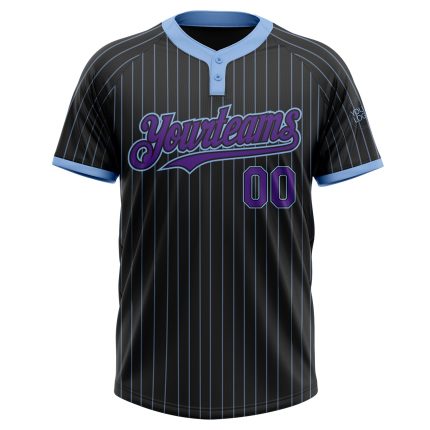 Personalized Unisex Purple Two-Button Softball Jersey - Black Light Blue Pinstripe Design Personalized Black Light Blue Pinstripe