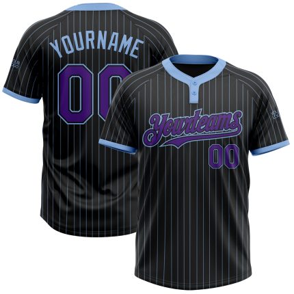 Personalized Unisex Purple Two-Button Softball Jersey - Black Light Blue Pinstripe Design Personalized Black Light Blue Pinstripe