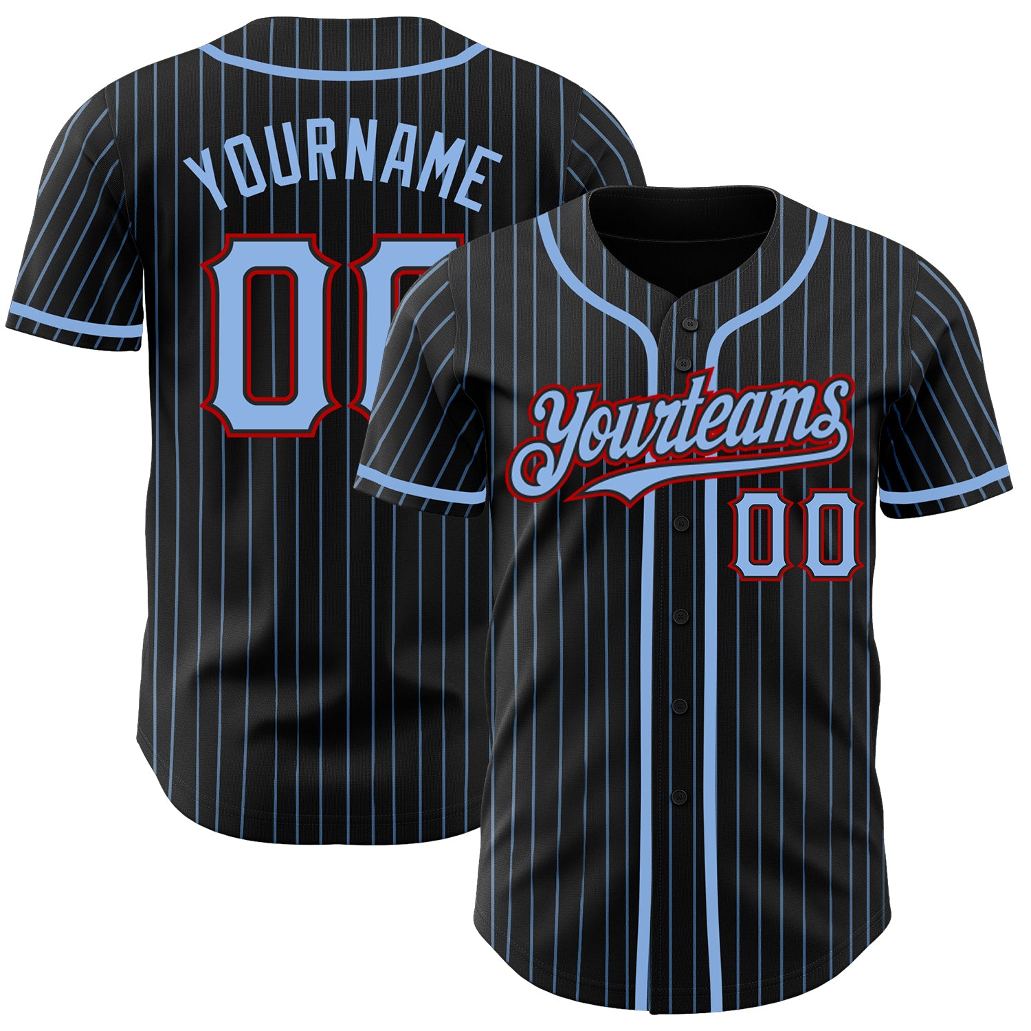 Custom Red Baseball Jersey with Black and Light Blue Pinstripes Personalized Black Light Blue Pinstripe Red Baseball Jersey