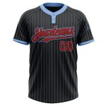 Custom Black Light Blue Pinstripe Two-Button Unisex Softball Jersey Personalized Black Light Blue Pinstripe Red Two-Button