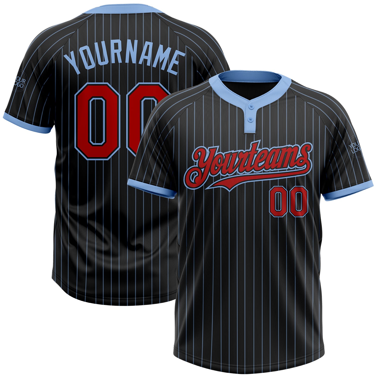 Custom Name and Number Unisex Softball Jersey - Black Light Blue Pinstripe Red Two-Button Design Personalized Black Light