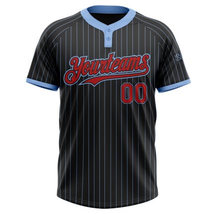 Custom Name and Number Unisex Softball Jersey - Black Light Blue Pinstripe Red Two-Button Design Personalized Black Light