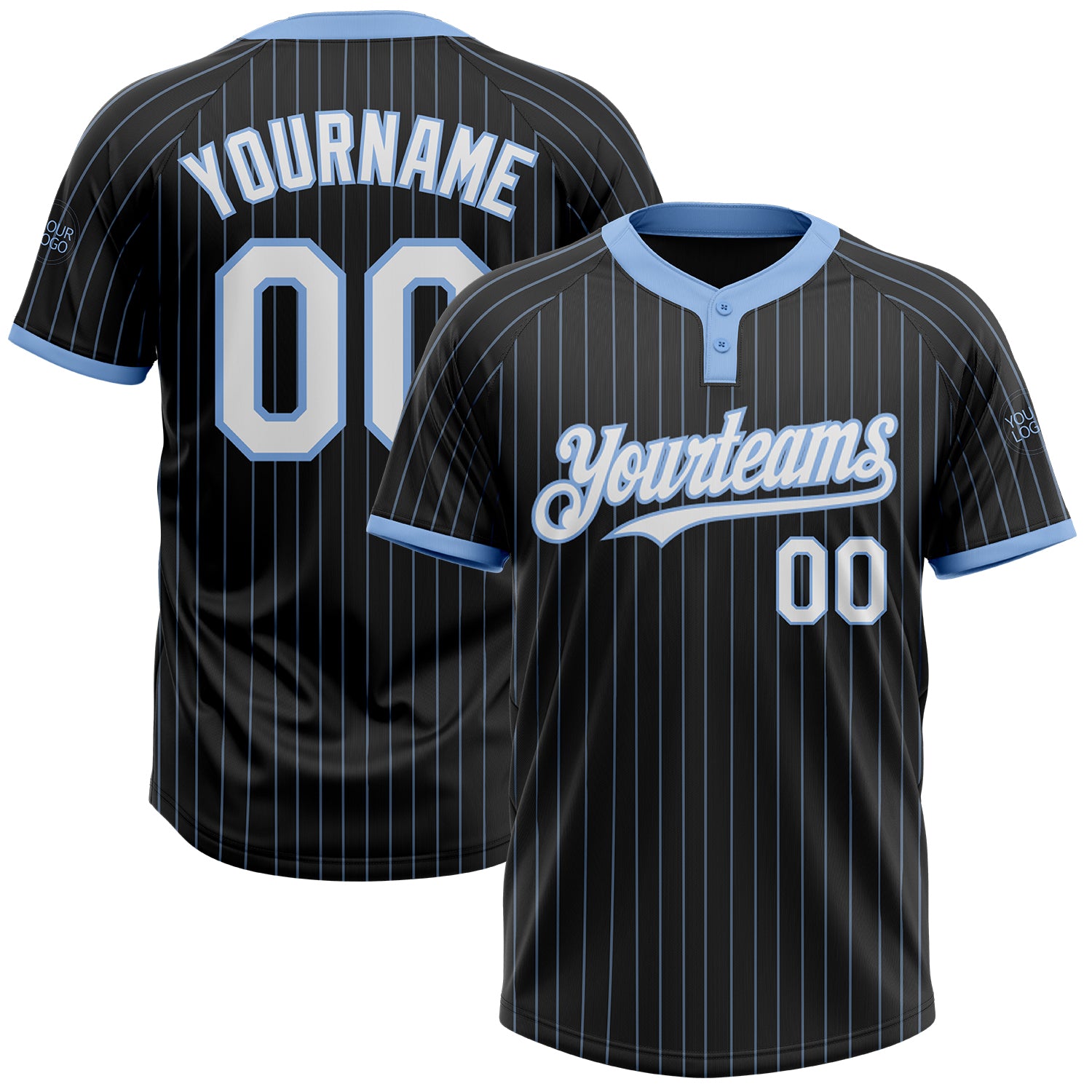 Custom Name Number Unisex Softball Jersey - Black Light Blue Pinstripe Two-Button Design Personalized Black Light Blue Pinstripe