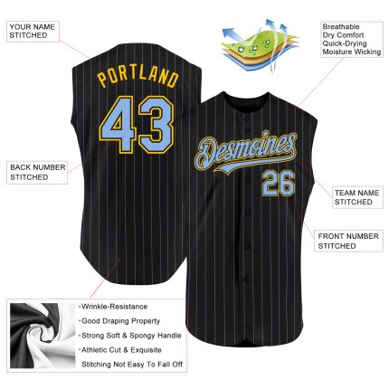 Custom Personalized Baseball Jersey - Black Light Blue Pinstripe Sleeveless with Name and Number Personalized Black Light
