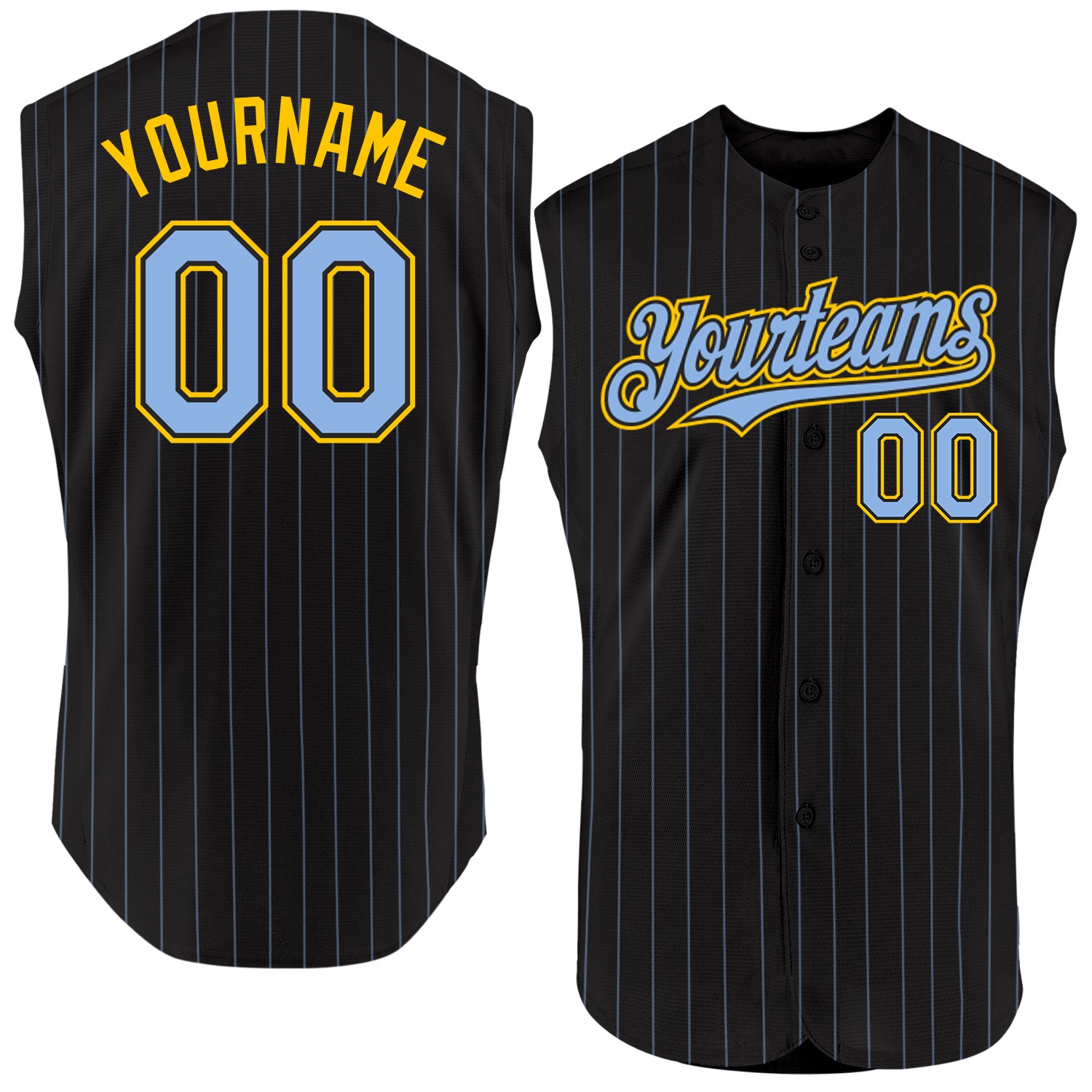 Personalized Black and Light Blue Pinstripe Sleeveless Baseball Jersey for Men Personalized Black Light Blue Pinstripe Yellow