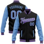 Personalized Two-Tone Black Light Blue-Purple Varsity Letterman Bomber Jacket Full-Snap Personalized Black Light Blue-Purple